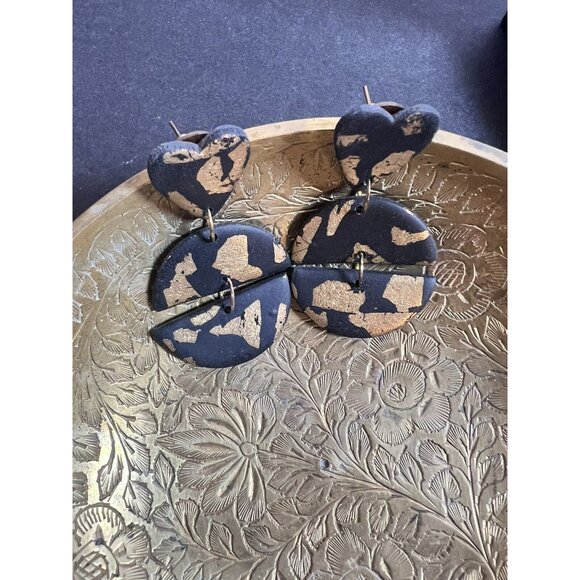 Black And Gold Polymer Clay Dangle Earrings Fashion Costume Statement Jewelry - Picture 2 of 9
